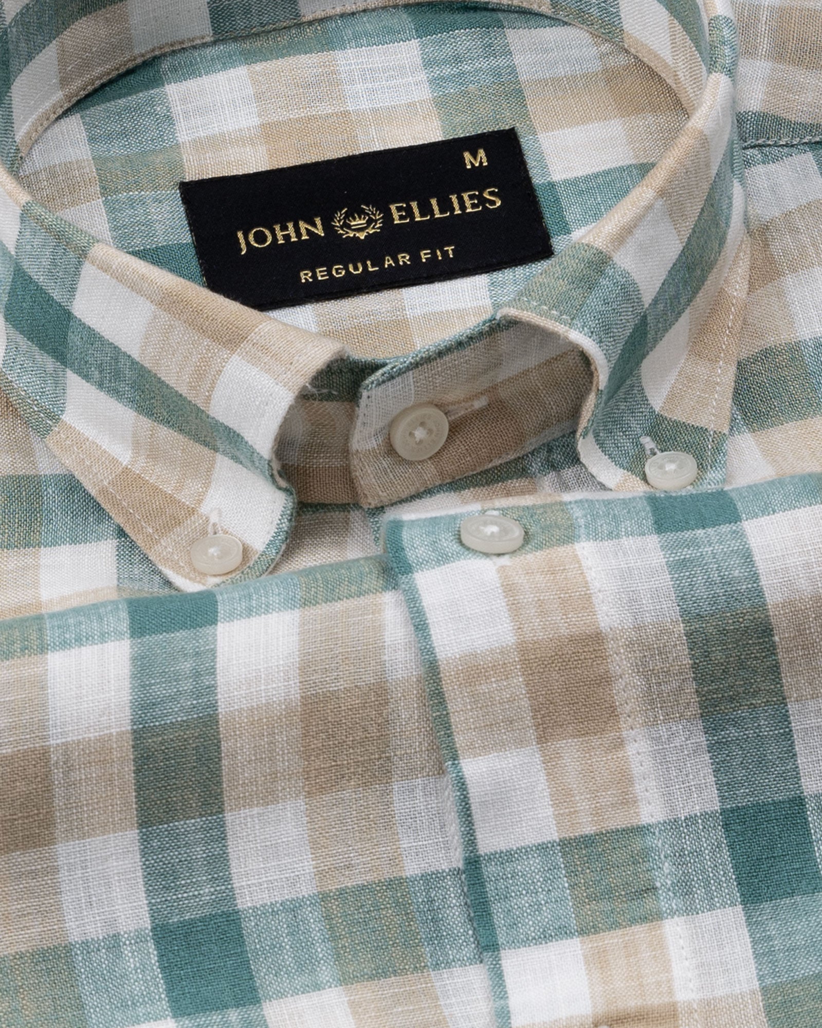 Qevan Beige And Green Check Button Down Linen Shirt - John Ellies