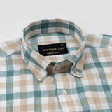 Qevan Beige And Green Check Button Down Linen Shirt - John Ellies