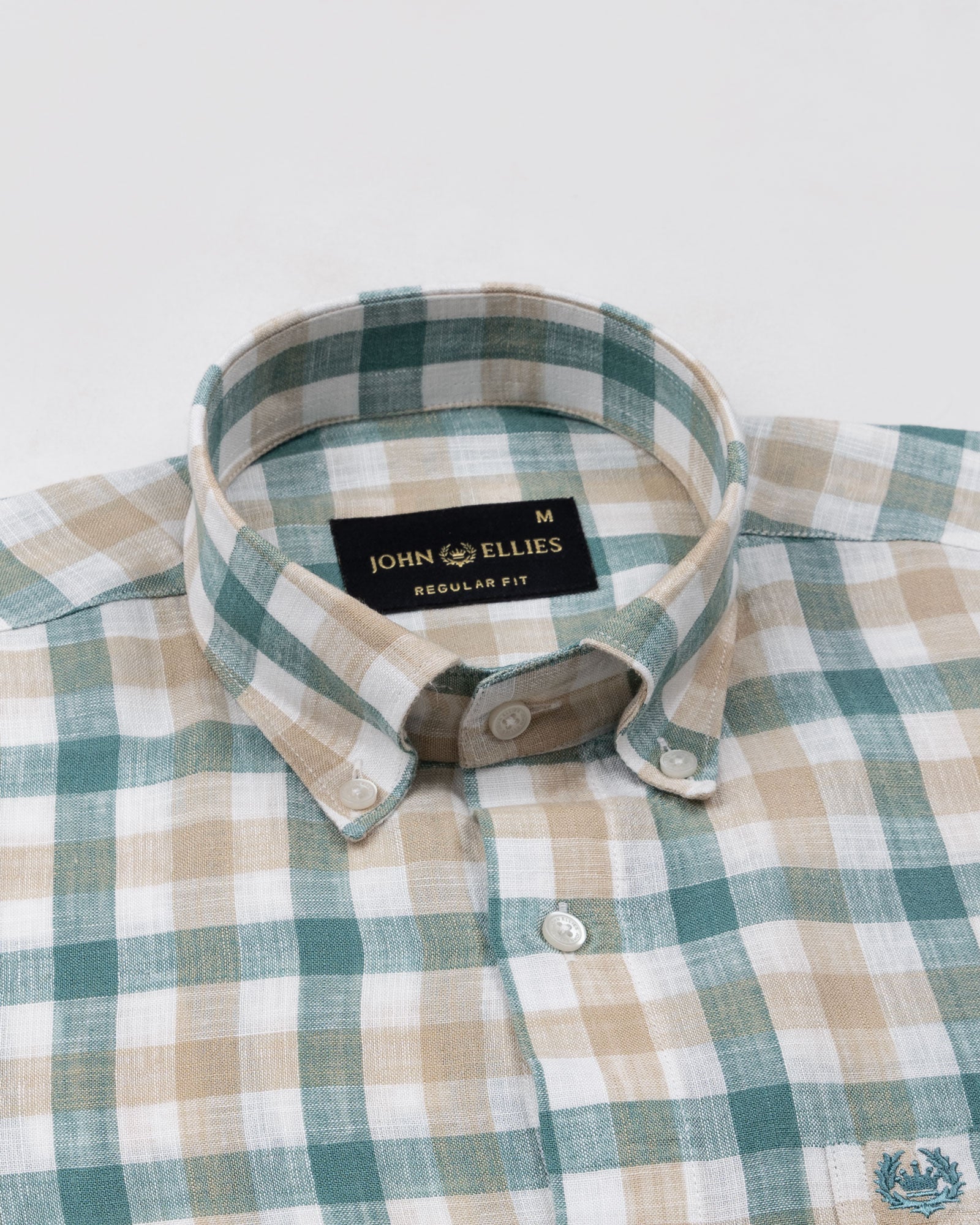 Qevan Beige And Green Check Button Down Linen Shirt - John Ellies