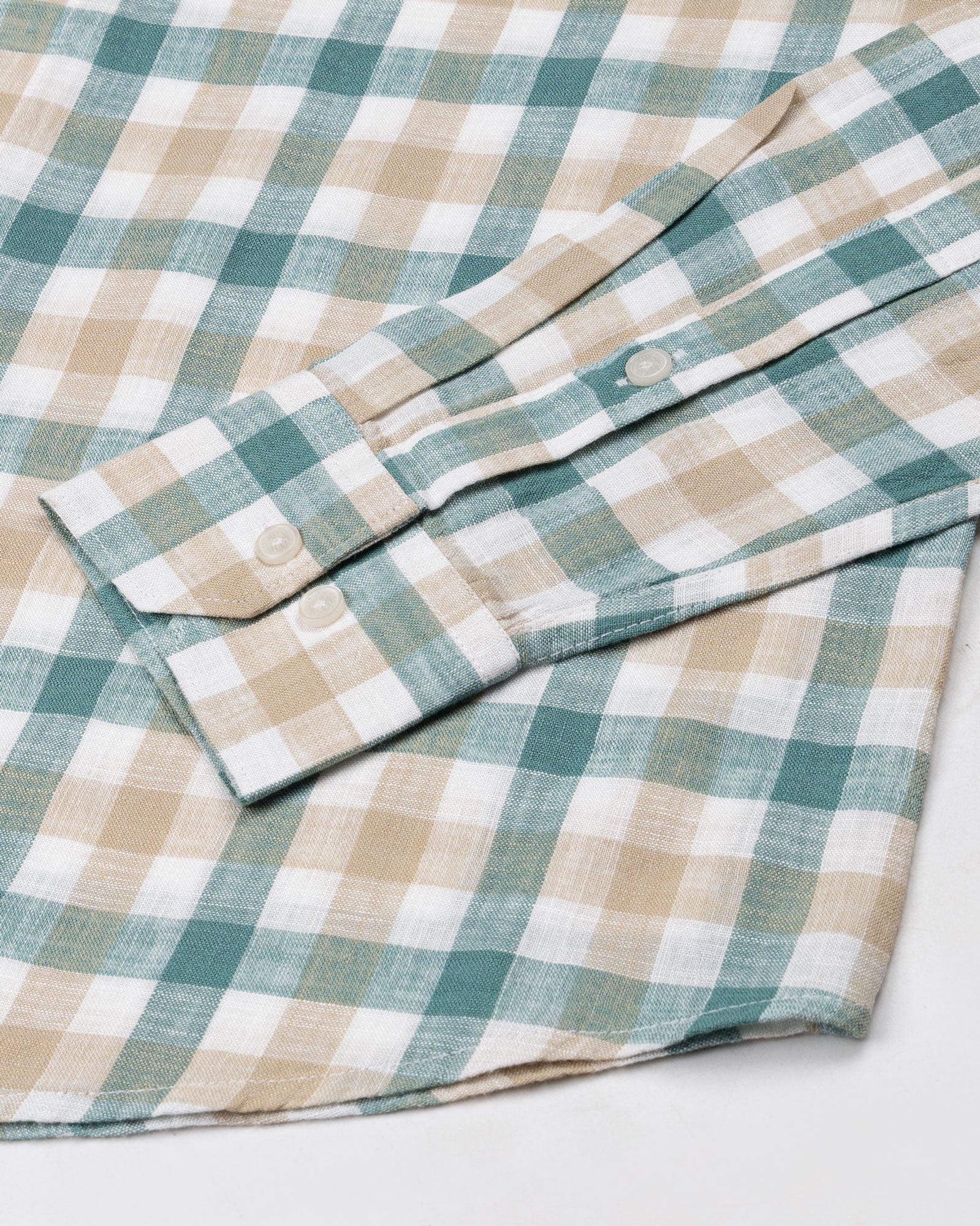 Qevan Beige And Green Check Button Down Linen Shirt - John Ellies