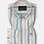Qevan Beige And Green Stripe Button Down Linen Shirt - John Ellies