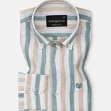 Qevan Beige And Green Stripe Button Down Linen Shirt - John Ellies