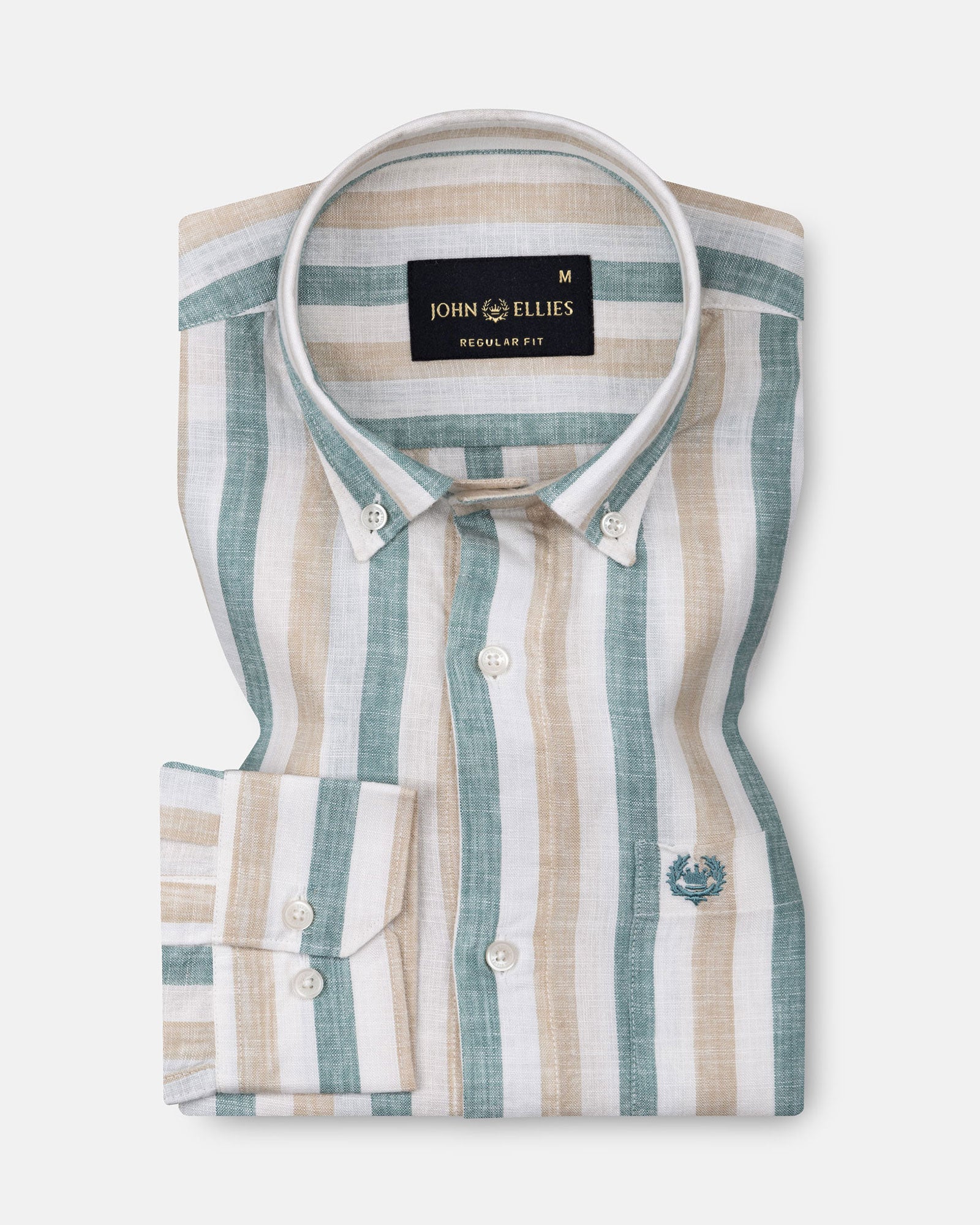 Qevan Beige And Green Stripe Button Down Linen Shirt - John Ellies