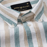 Qevan Beige And Green Stripe Button Down Linen Shirt - John Ellies