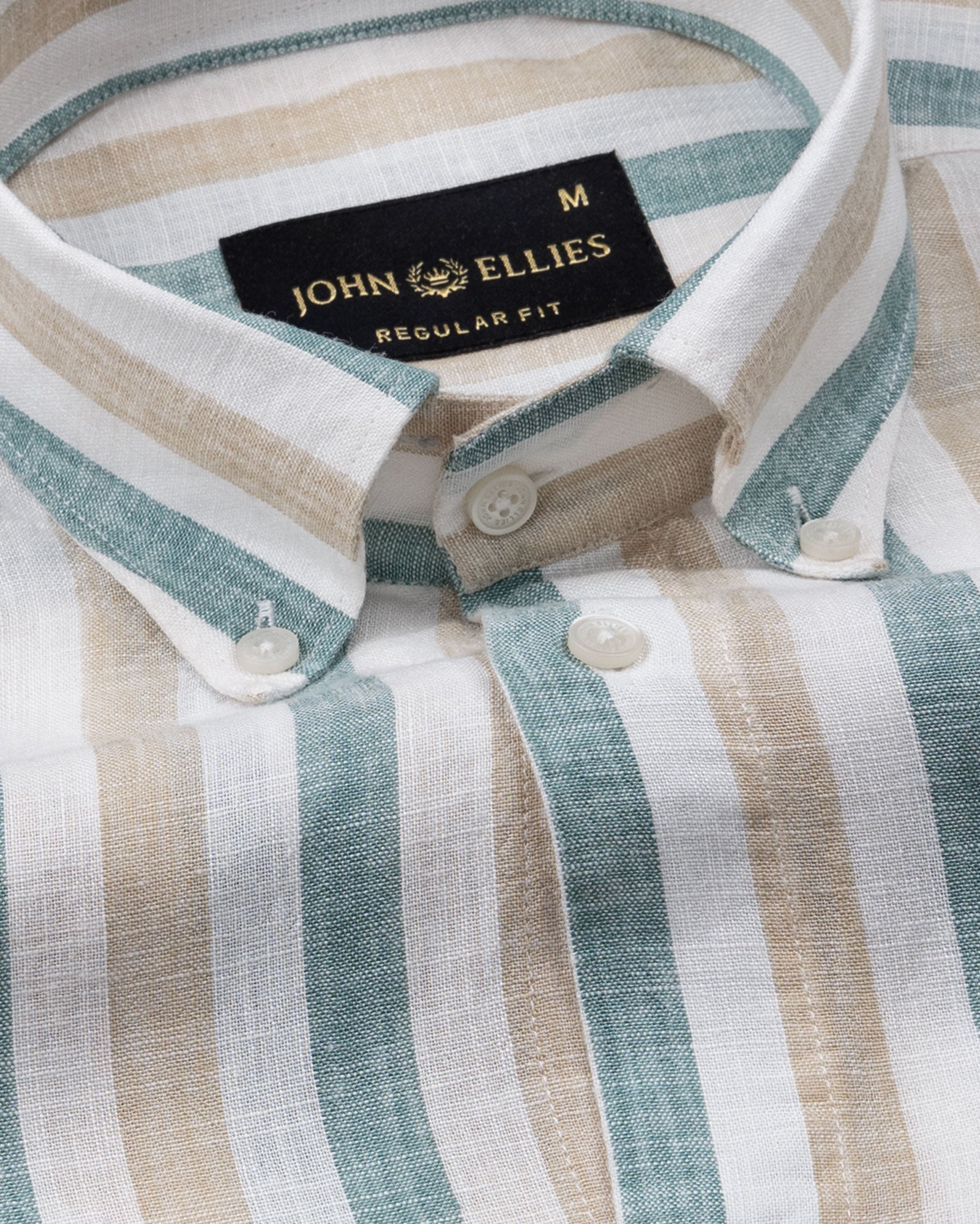 Qevan Beige And Green Stripe Button Down Linen Shirt - John Ellies