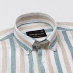 Qevan Beige And Green Stripe Button Down Linen Shirt - John Ellies