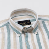 Qevan Beige And Green Stripe Button Down Linen Shirt - John Ellies