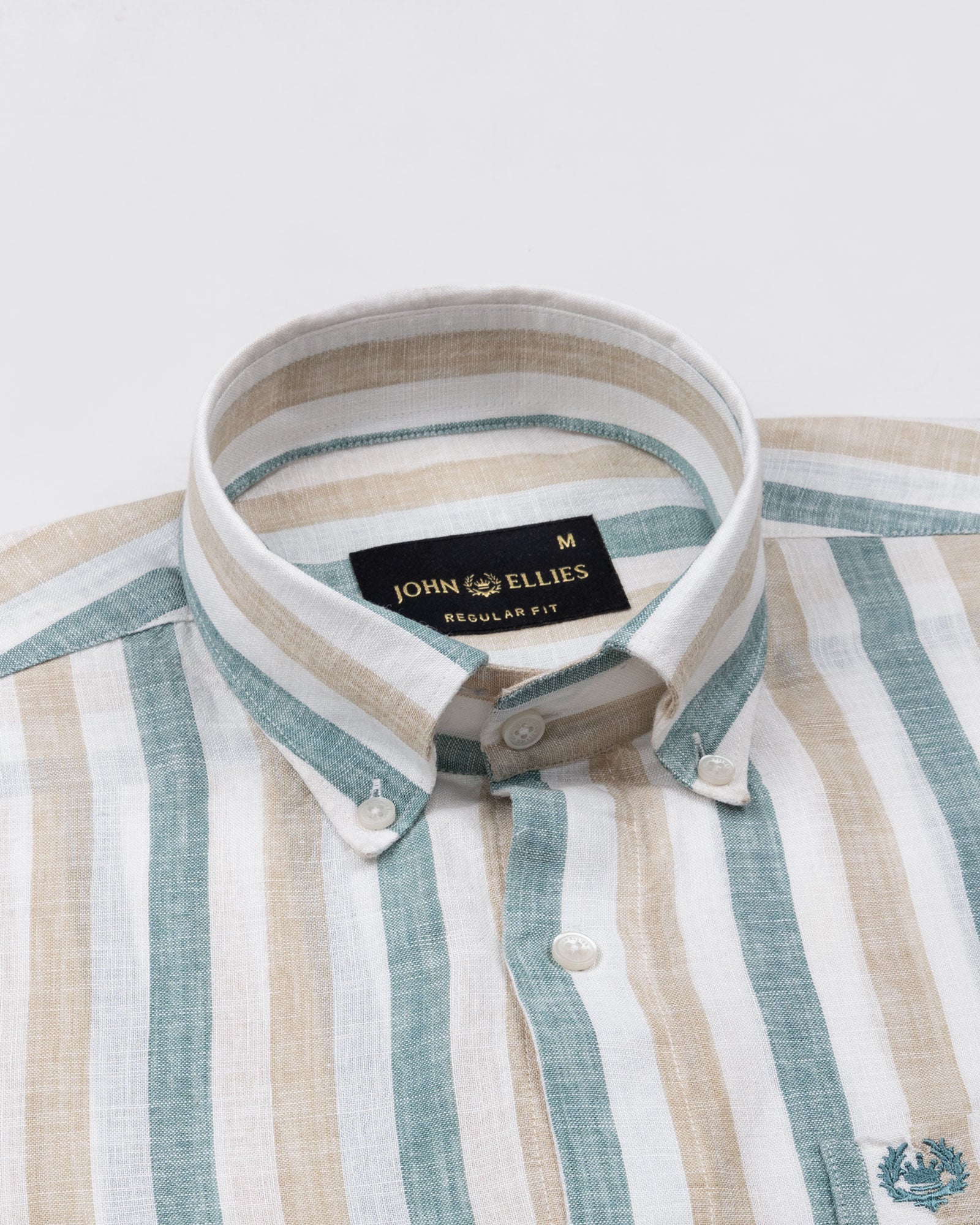 Qevan Beige And Green Stripe Button Down Linen Shirt - John Ellies