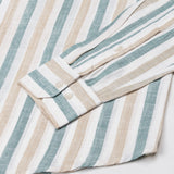 Qevan Beige And Green Stripe Button Down Linen Shirt - John Ellies