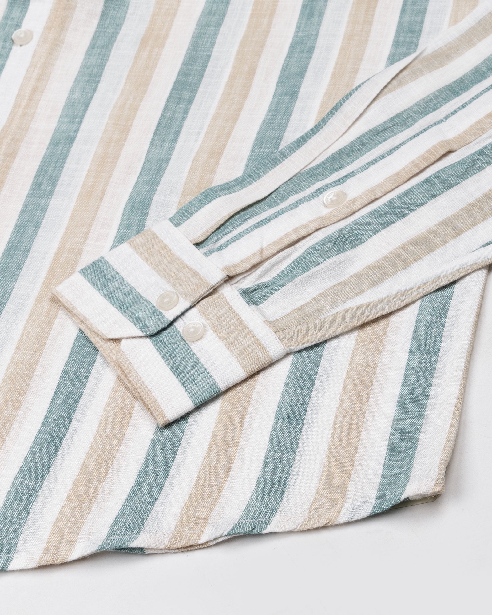 Qevan Beige And Green Stripe Button Down Linen Shirt - John Ellies