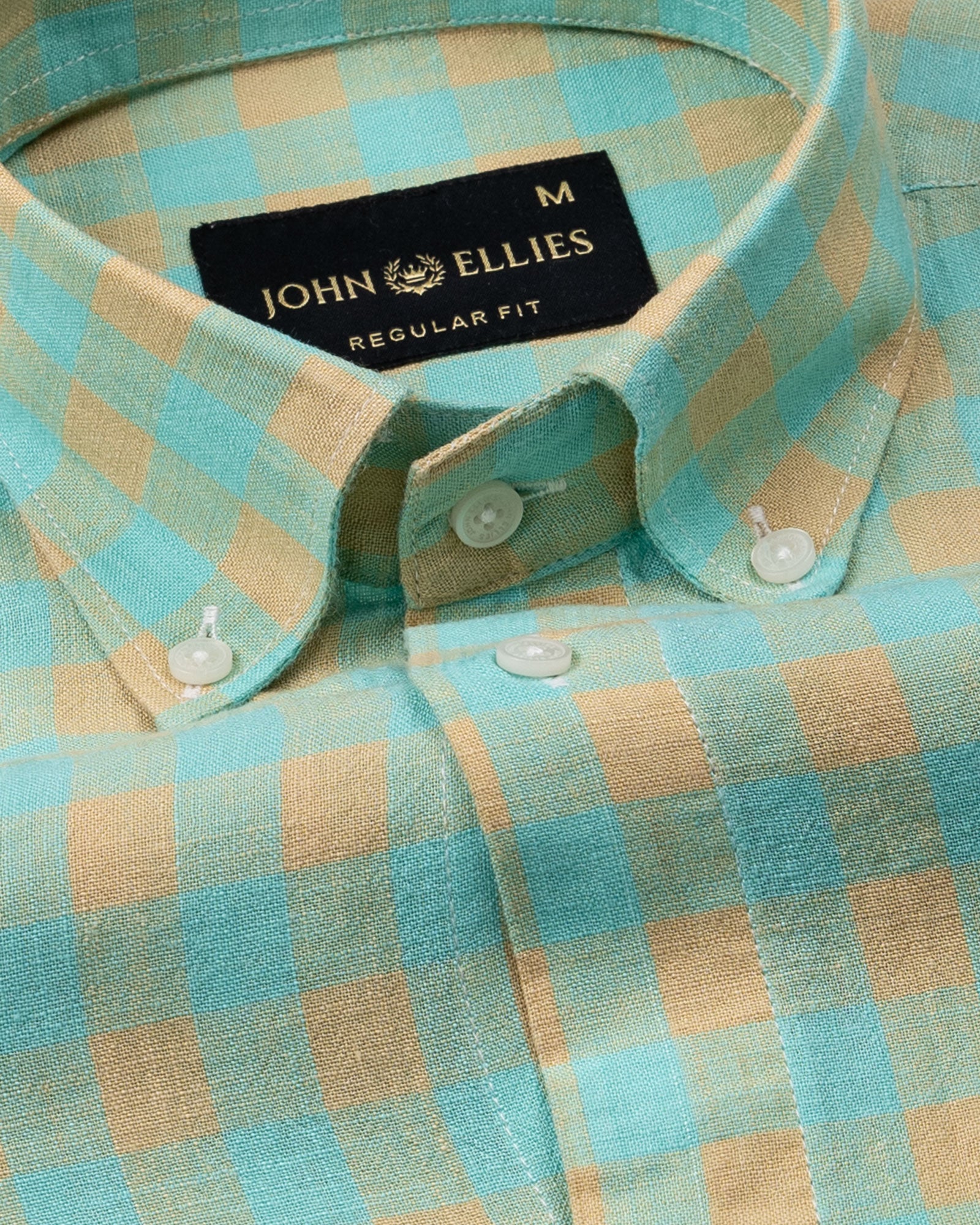 Qevan Lime With Gold Check Button Down Linen Shirt - John Ellies