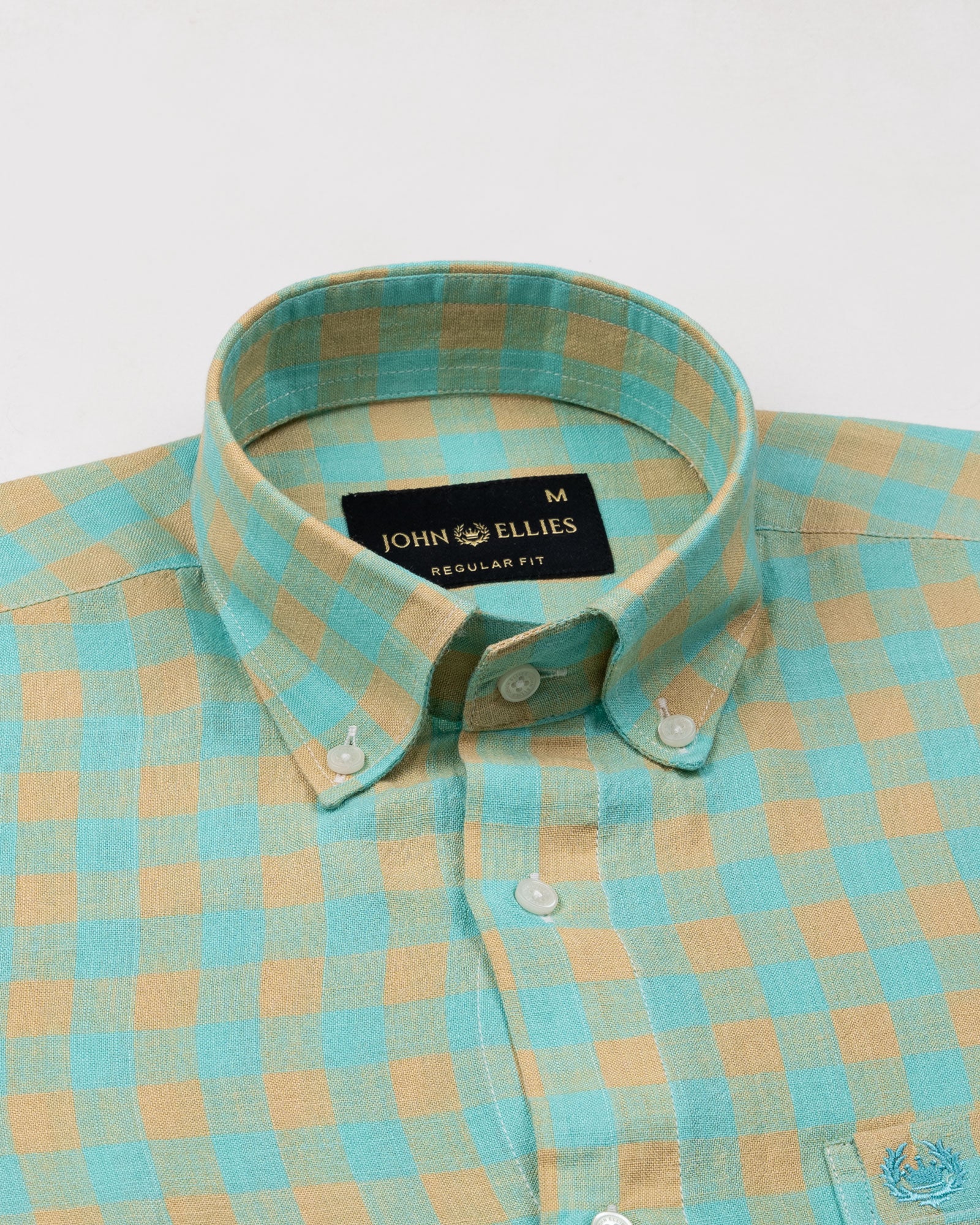 Qevan Lime With Gold Check Button Down Linen Shirt - John Ellies