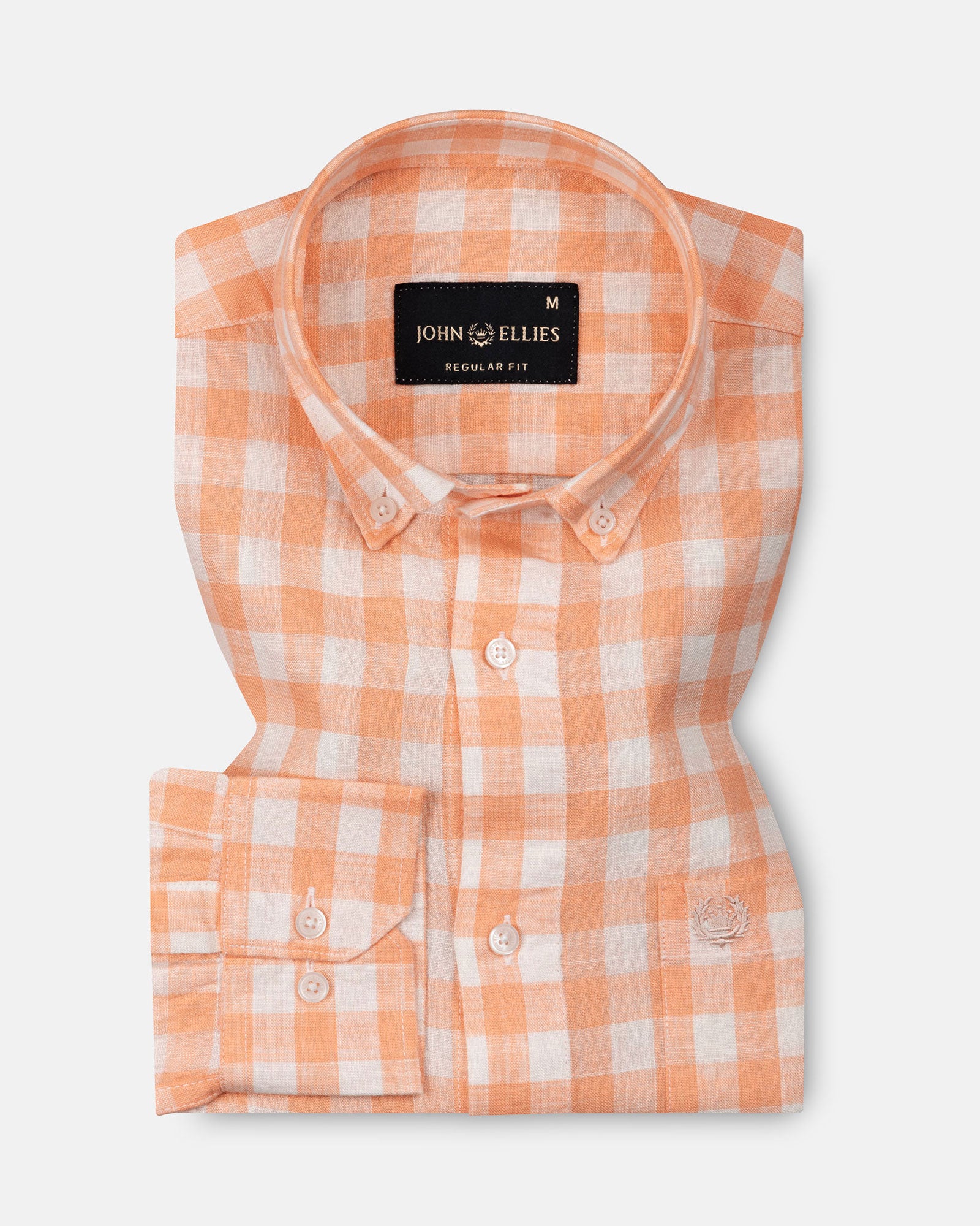 Qevan Peach Check Button Down Linen Shirt - John Ellies