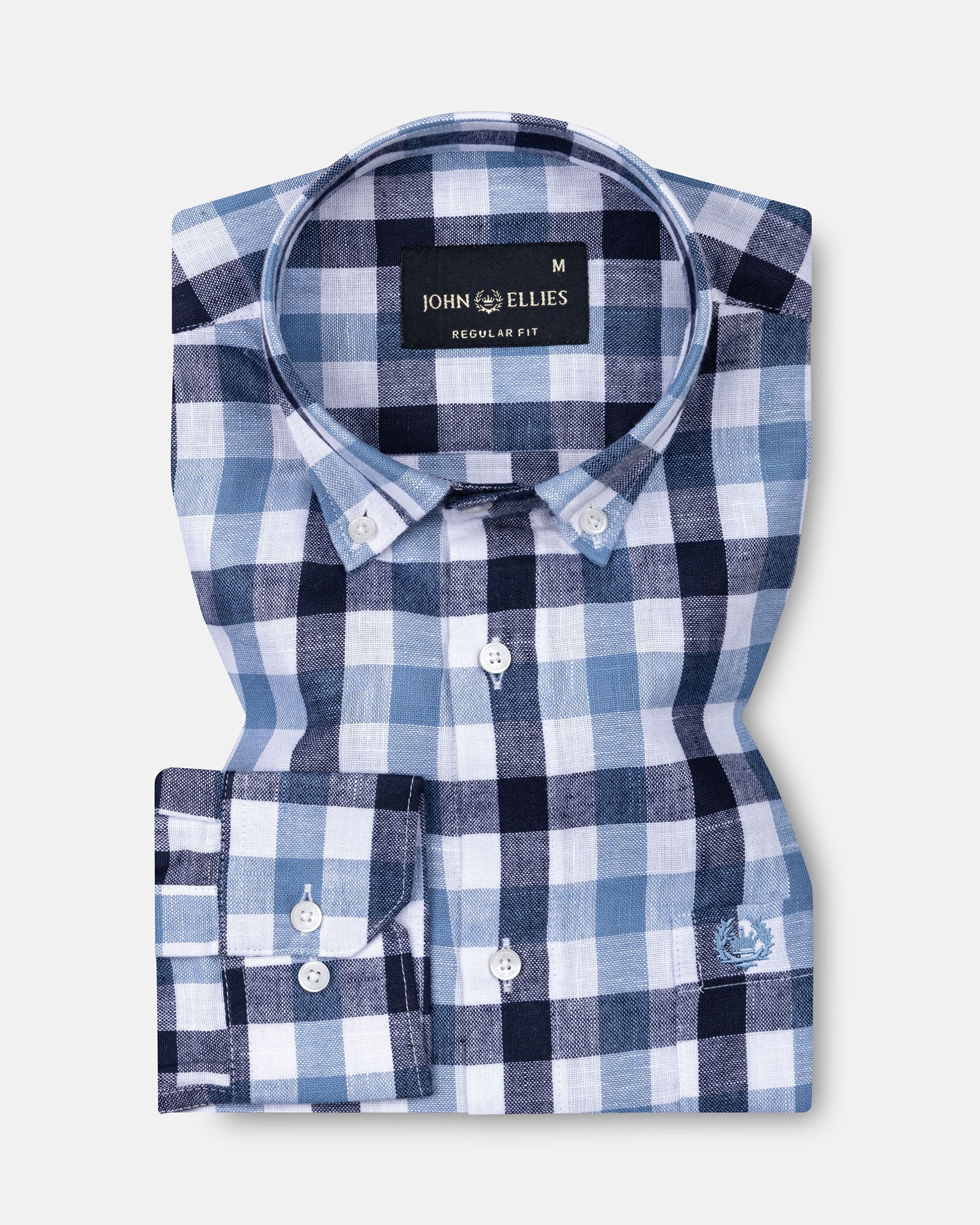 Qevan Navy Blue Check Button Down Linen Shirt - John Ellies