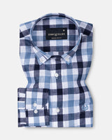 Qevan Navy Blue Check Button Down Linen Shirt