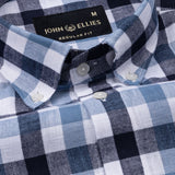 Qevan Navy Blue Check Button Down Linen Shirt - John Ellies