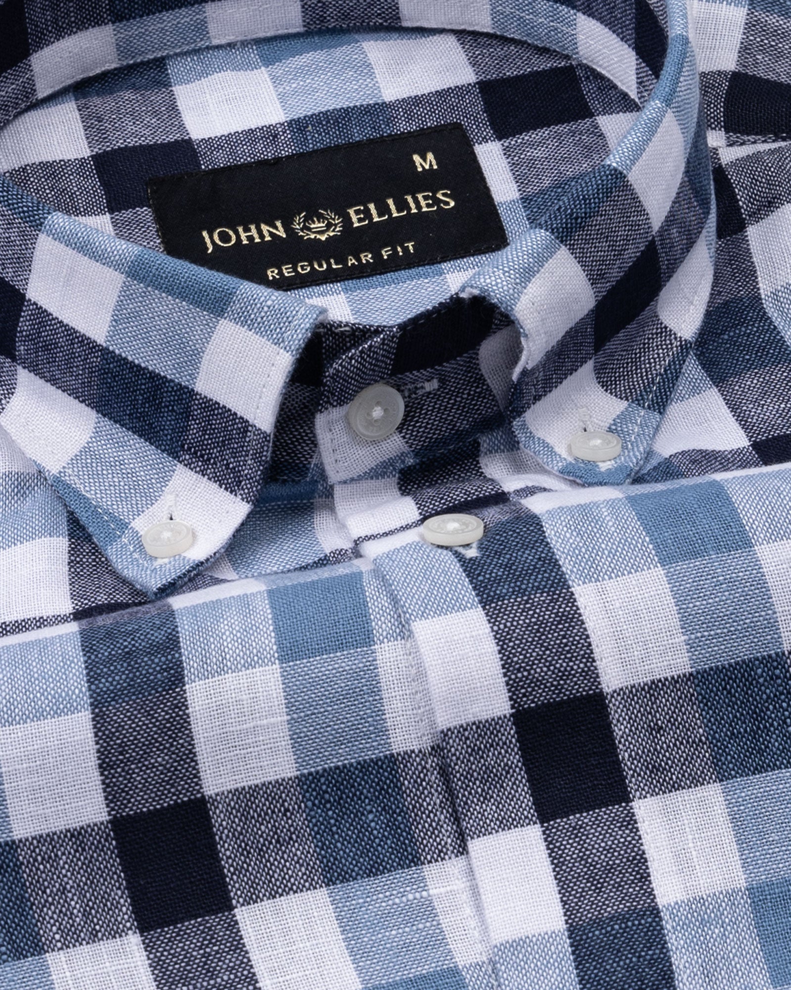 Qevan Navy Blue Check Button Down Linen Shirt - John Ellies