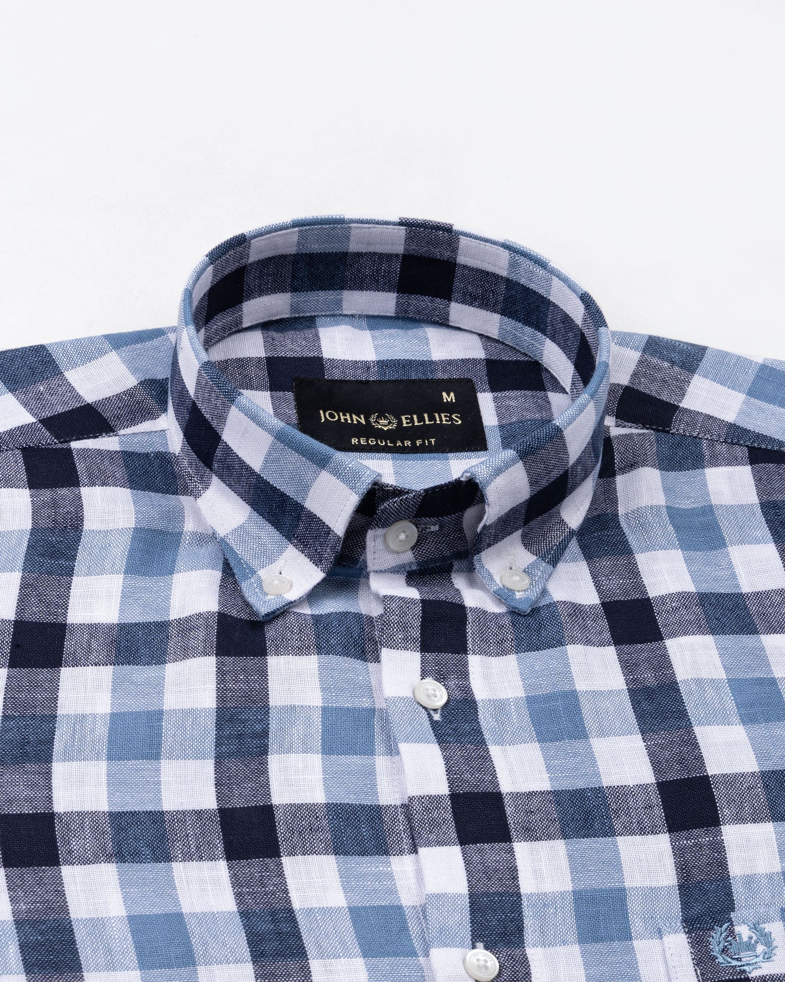Qevan Navy Blue Check Button Down Linen Shirt - John Ellies