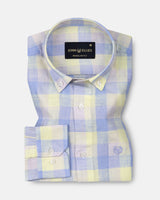 Qevan Sky Blue Check Button Down Linen Shirt