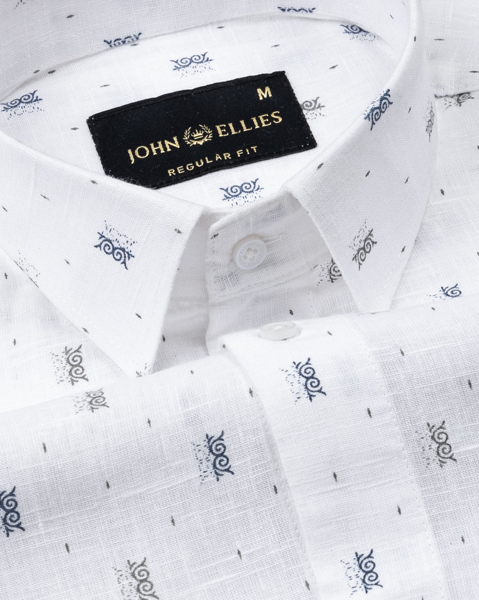 Celith White Motifs Linen Printed Shirt - John Ellies