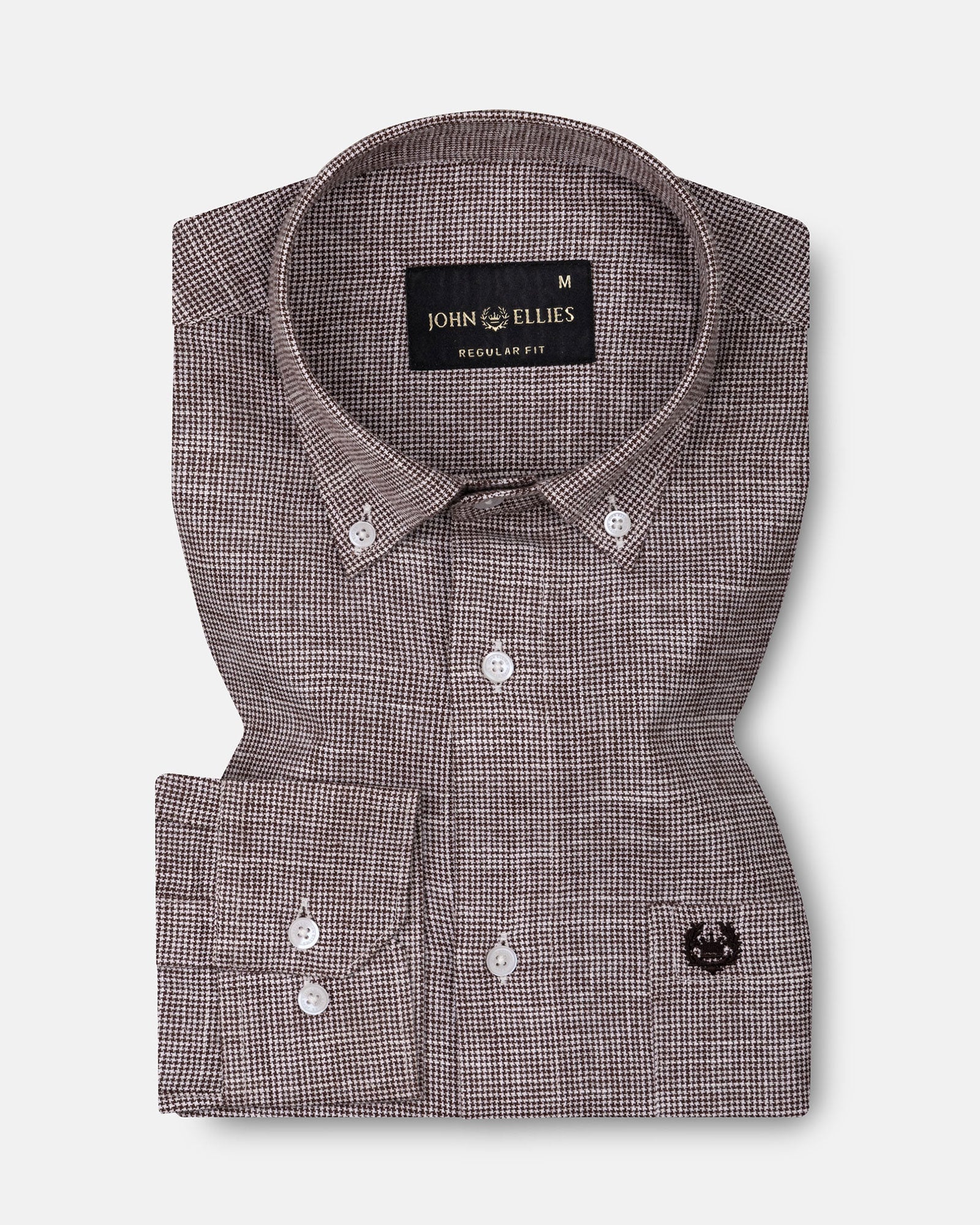 Zinots Brown Houndstooth Check Button Down Linen Shirt - John Ellies
