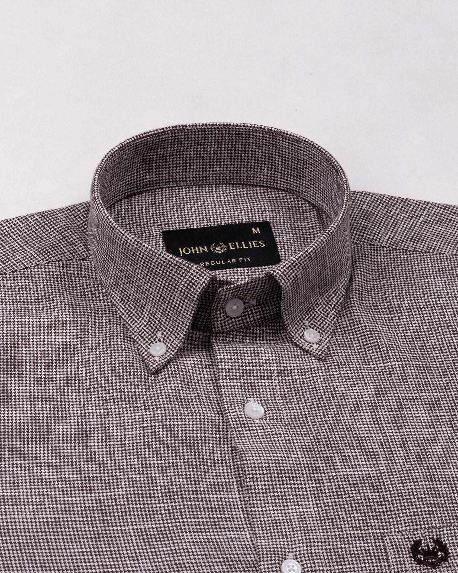 Zinots Brown Houndstooth Check Button Down Linen Shirt - John Ellies