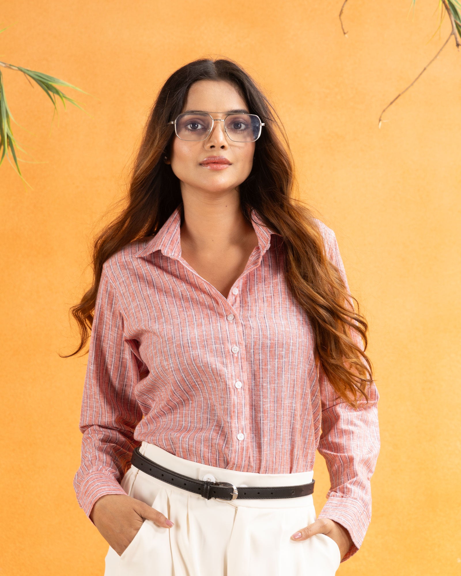 Bloom Orange Stripes Linen Women Shirt - John Ellies