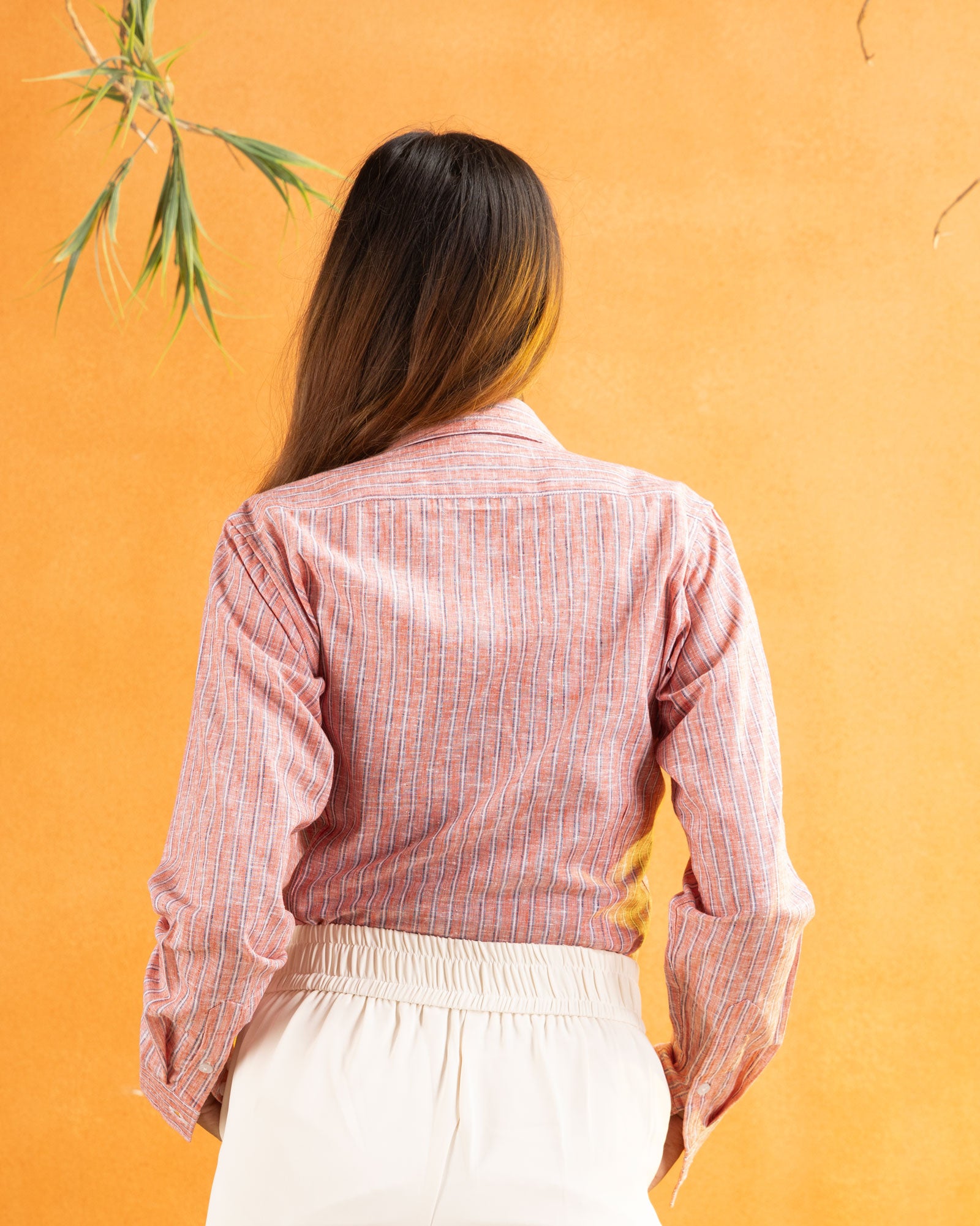 Bloom Orange Stripes Linen Women Shirt - John Ellies