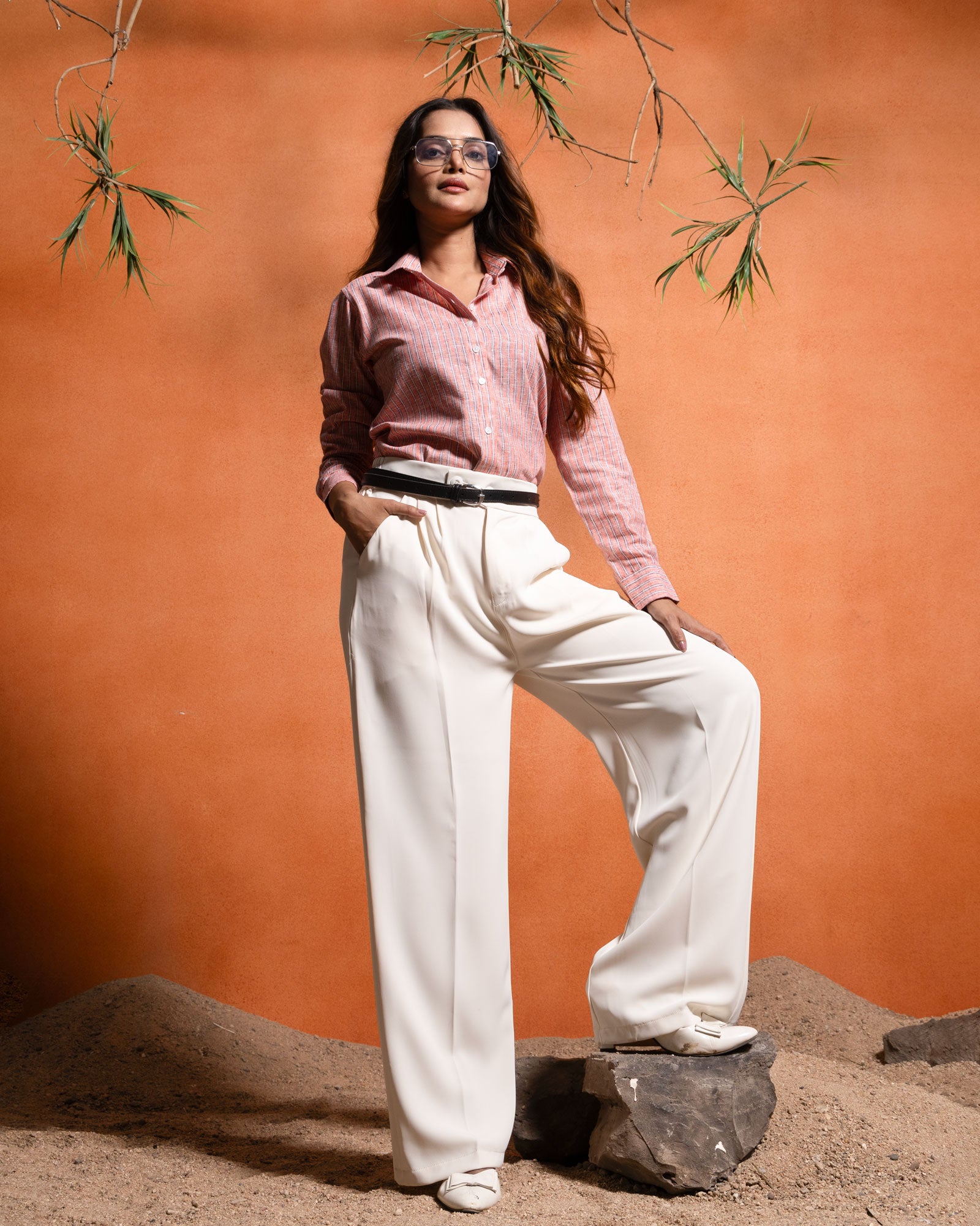 Bloom Orange Stripes Linen Women Shirt - John Ellies
