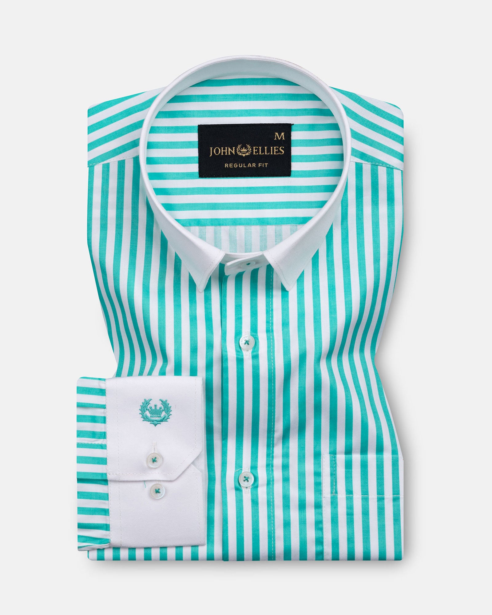 Cadenc Cyan White Cuff Collar Cotton Stripes Shirt - John Ellies