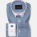 Cadenc Navy Blue White Cuff Collar Cotton Stripes Shirt - John Ellies