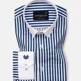 Cadenc Navy Blue White Cuff Collar Cotton Stripes Shirt - John Ellies
