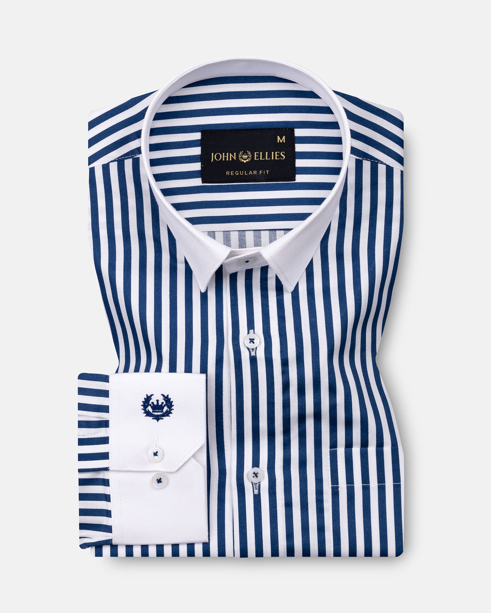 Cadenc Navy Blue White Cuff Collar Cotton Stripes Shirt - John Ellies