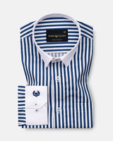 Cadenc Navy Blue White Cuff Collar Cotton Stripes Shirt