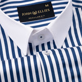 Cadenc Navy Blue White Cuff Collar Cotton Stripes Shirt - John Ellies