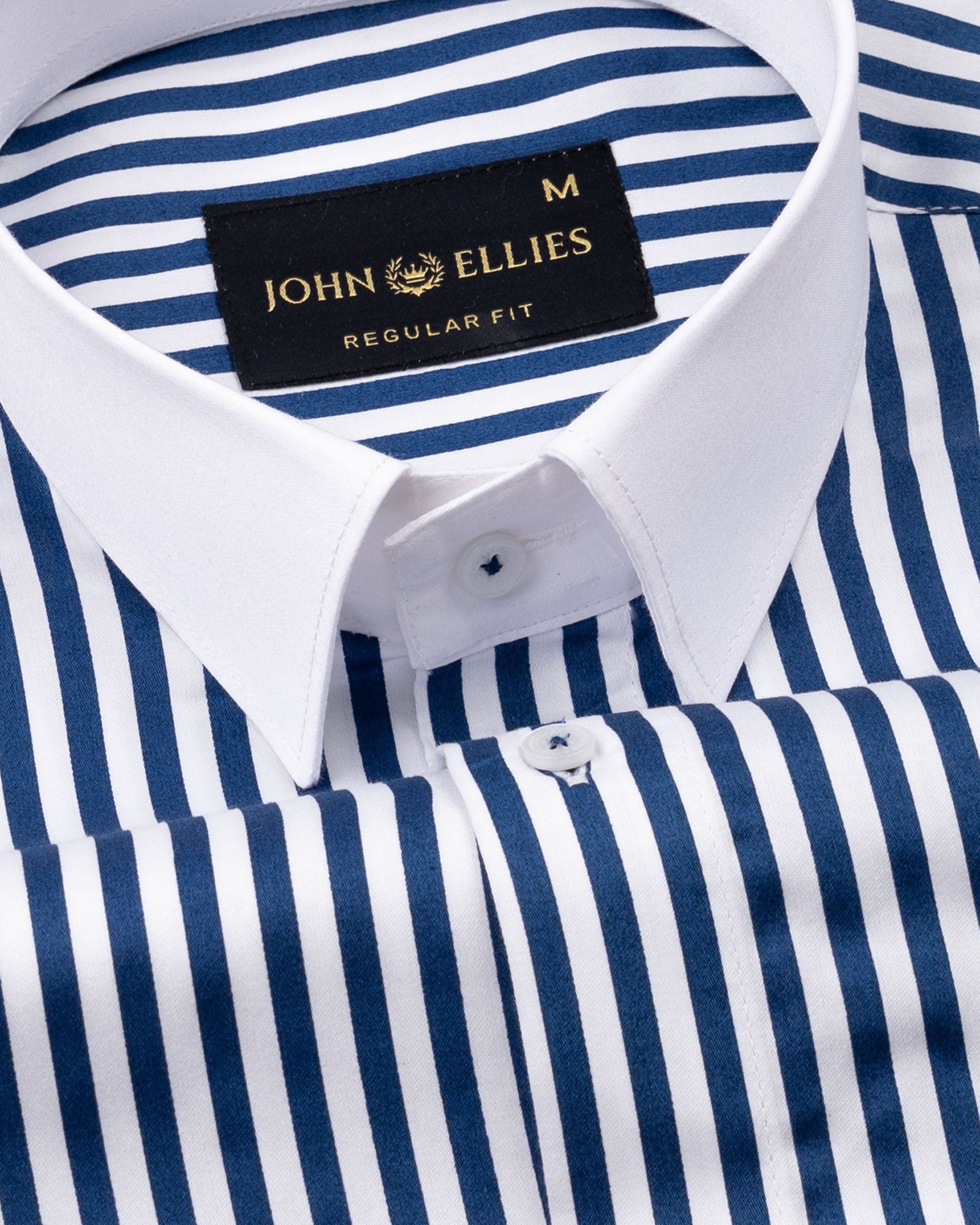 Cadenc Navy Blue White Cuff Collar Cotton Stripes Shirt - John Ellies