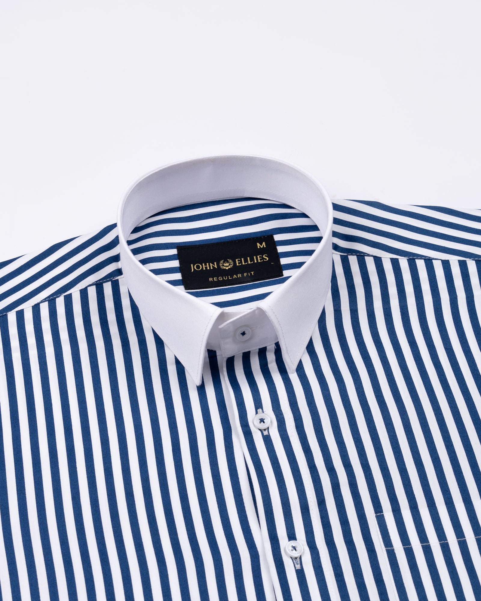 Cadenc Navy Blue White Cuff Collar Cotton Stripes Shirt - John Ellies