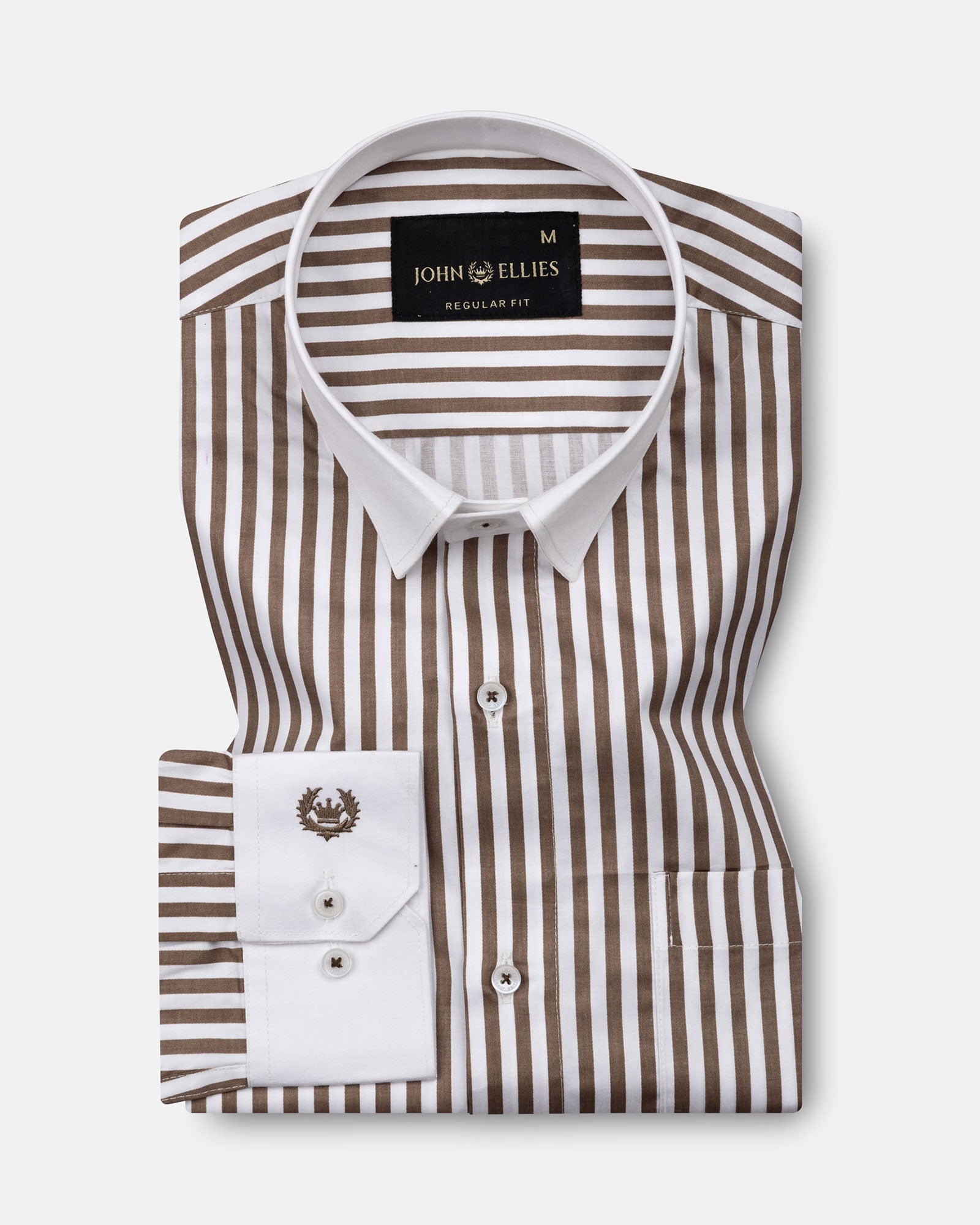 Cadenc Brown White Cuff Collar Cotton Stripes Shirt - John Ellies