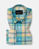 Venzia Cream With Cyan Check Cotton Shirt
