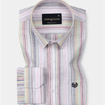 Venzia White And Multicolor Stripes Linen Cotton Shirt - John Ellies