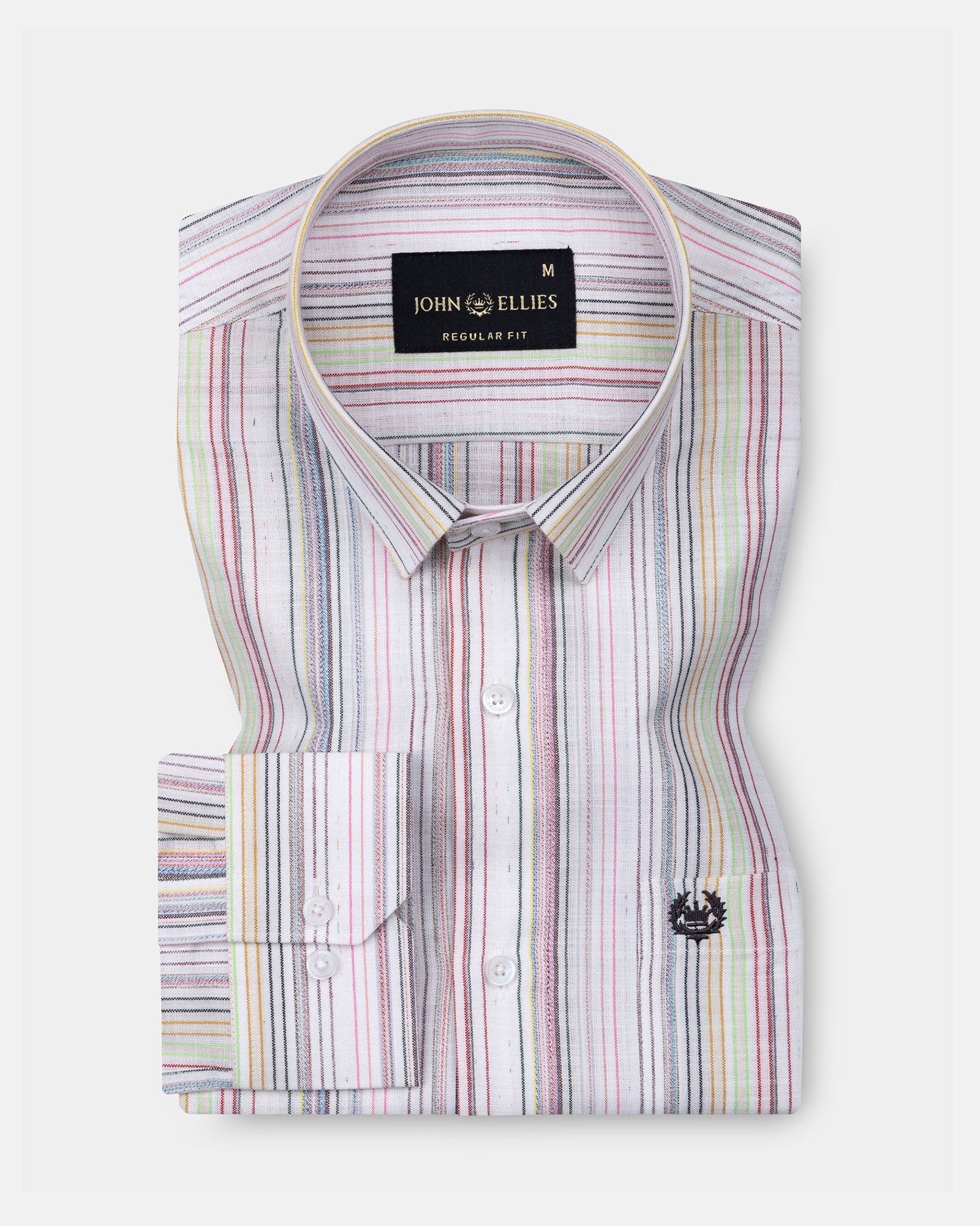 Venzia White And Multicolor Stripes Linen Cotton Shirt - John Ellies