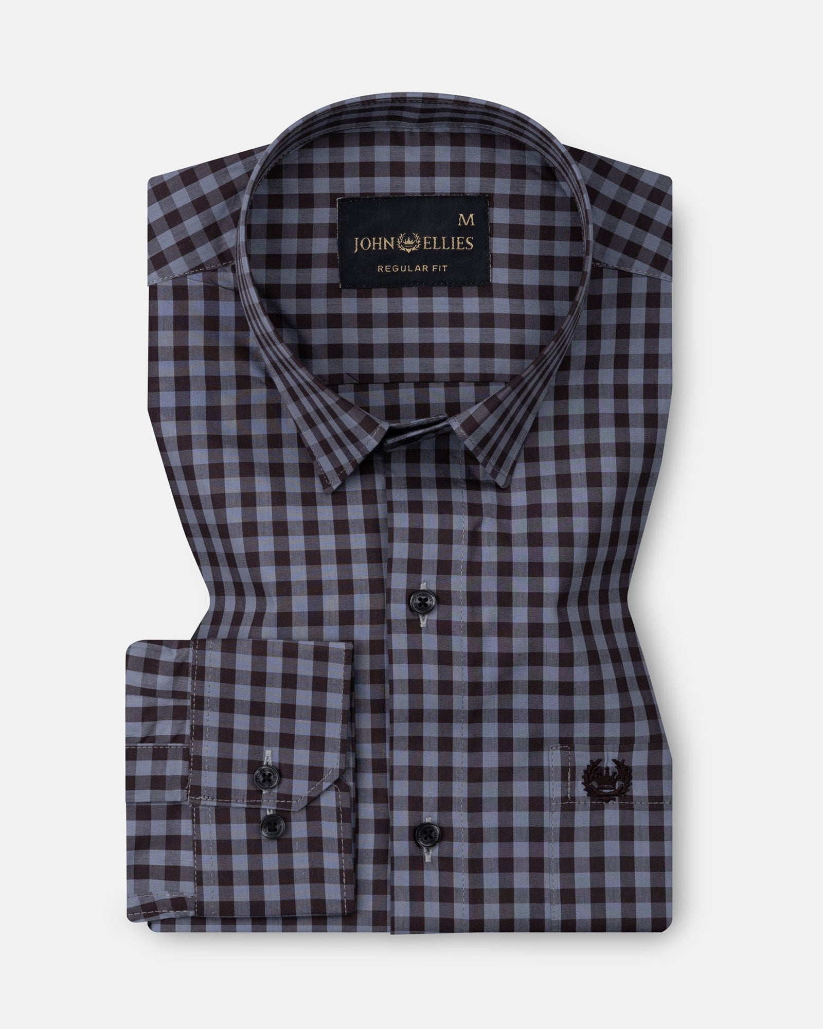 Herens Grey & Brown Gingham Check Cotton Shirt - John Ellies