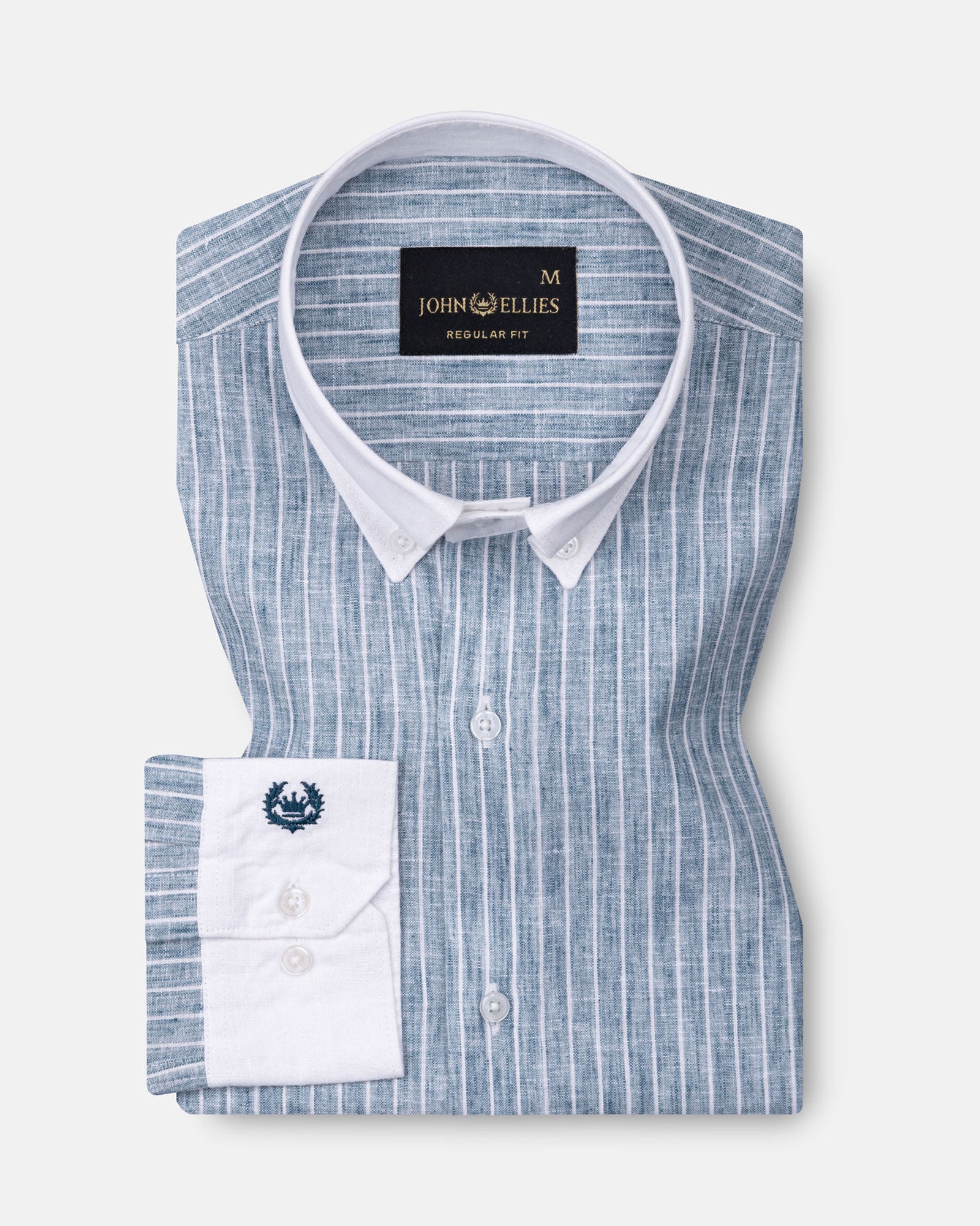 Marque Teal White Cuff Collar Stripes Linen Shirt - John Ellies