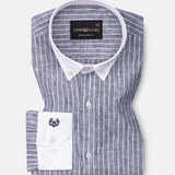 Marque Navy Blue White Cuff Collar Stripes Linen Shirt - John Ellies