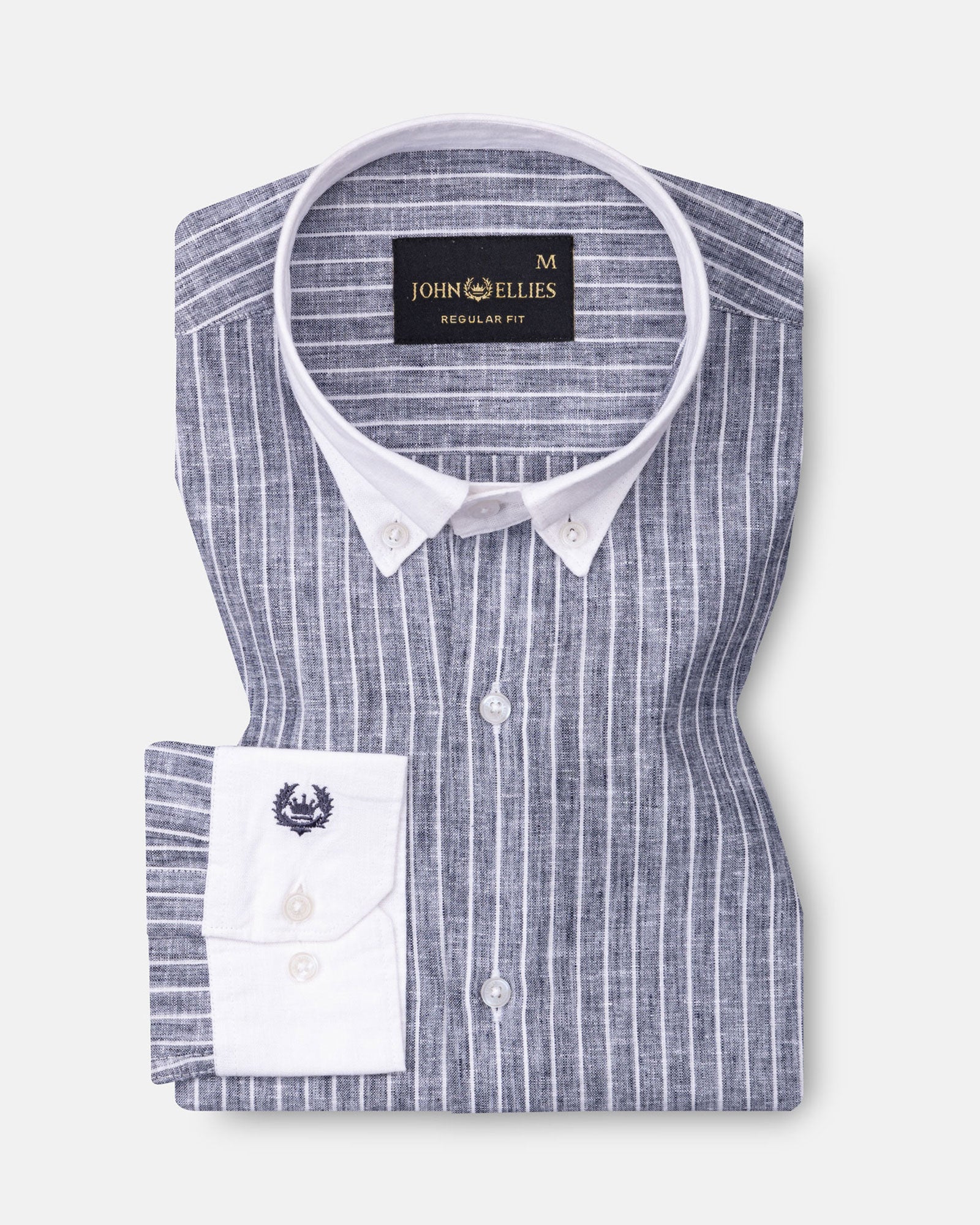 Marque Navy Blue White Cuff Collar Stripes Linen Shirt - John Ellies