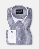 Marque Navy Blue White Cuff Collar Stripes Linen Shirt
