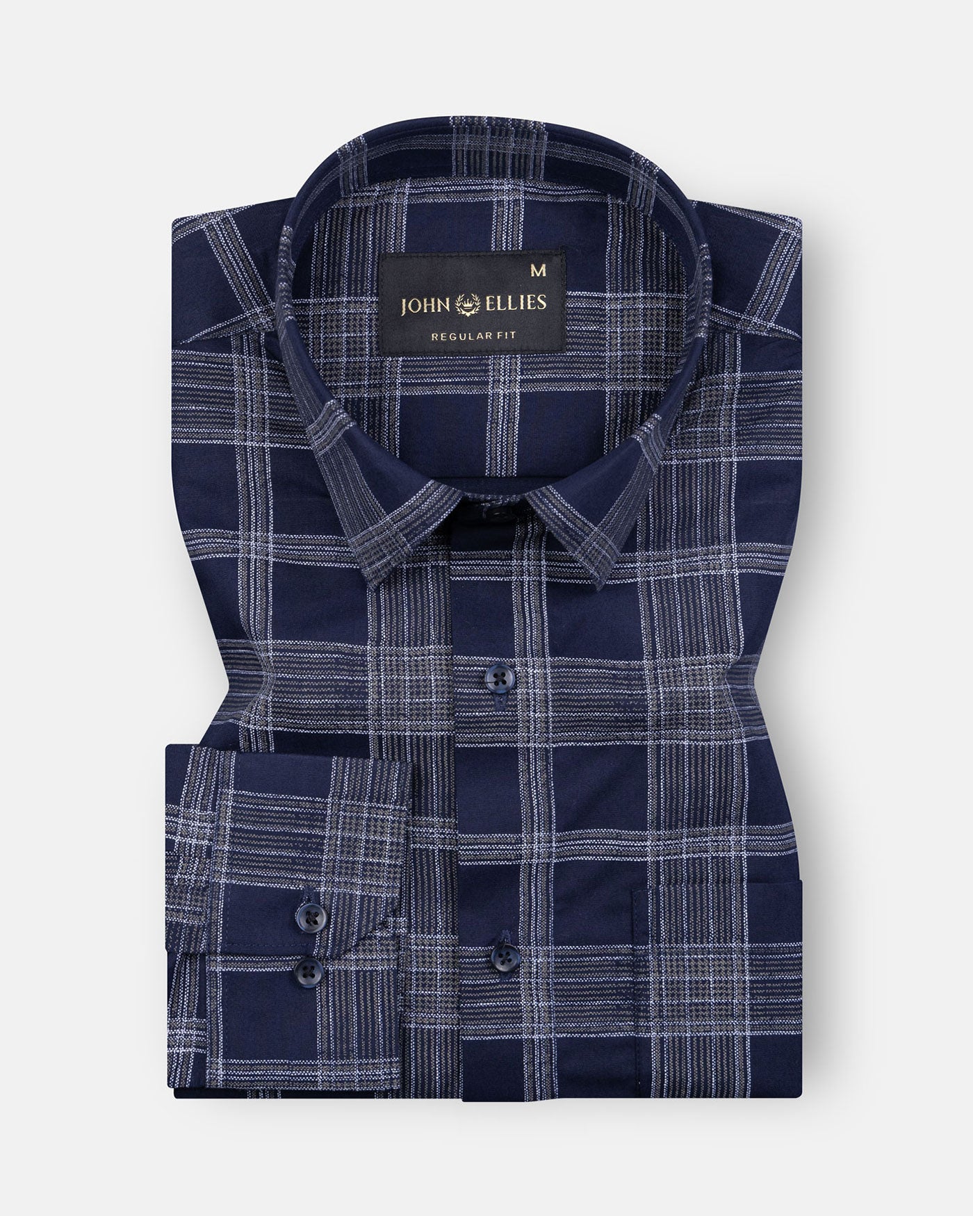 Sven Ultramarine Navy Cotton Checked Printed Shirt - John Ellies